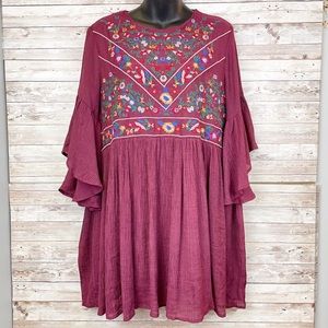 UMGEE Boho Embroidered Bell Sleeve Crepe Tunic Top